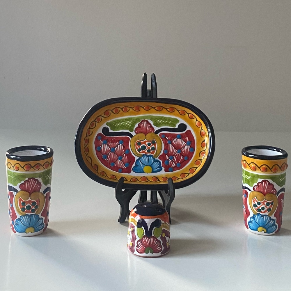 Vintage Hand Painted Tequila Serving Set - salt shaker, tall shot glasses & tray